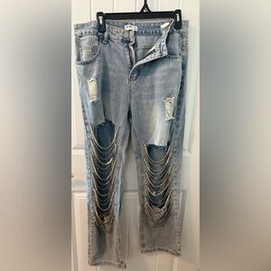 Distressed Light Blue Jeans with rhinestones Detail